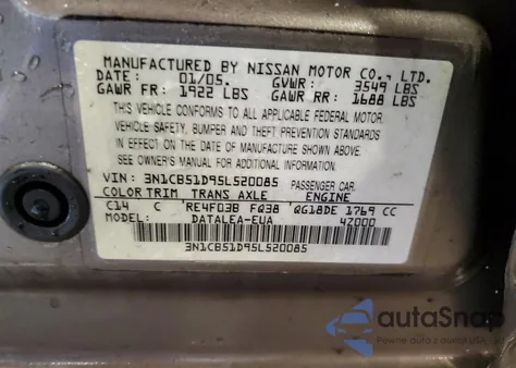 2005 Nissan Sentra 1.8 z USA, uszkodzony, nr VIN 3N1CB51D95L520085